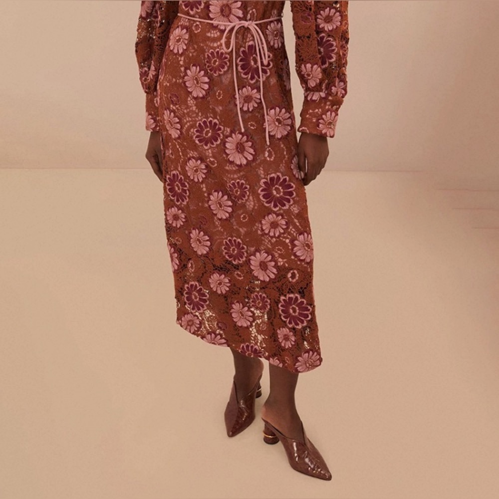 NWT Farm Rio Brown Gigi Tapestry Guipure Midi Dress - Picture 3 of 16